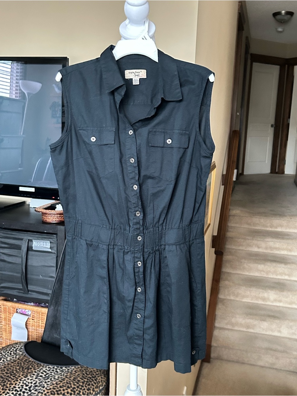 Sleeveless Black Utility Button-Front Shirt/Mini Dress with Waist Detail